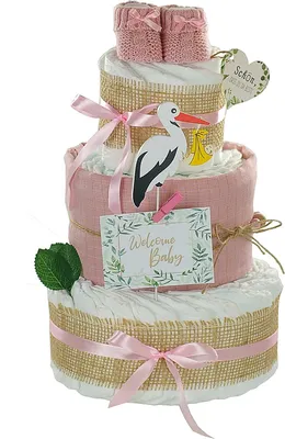 Produktbild von Windeltorte Storch mit Bündel | inkl. Babybooties und Mullwindel, rosa