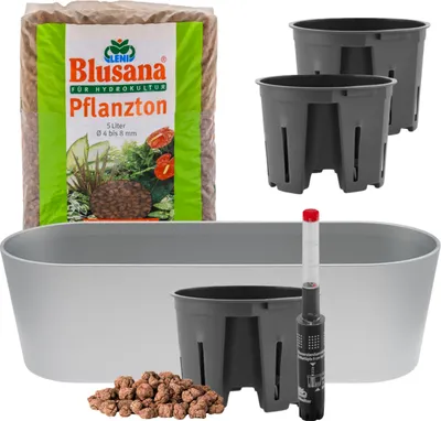 Produktbild von Leni Flori Jardiniere Blumentopf länglich 36 cm silber Hydrokultur-Komplett-Set mit Übertopf Hydro-Töpfen Wasserstandsanzeiger & Pflanzton