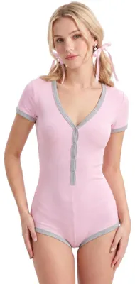 Produktbild von Damen-Body Kurzarm V-Ausschnitt Gerippt Elastisch Rosa-Grau XL