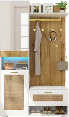 Immagine prodotto di Set guardaroba, set armadio con specchio, 6 ganci appendiabiti, scarpiere, appendiabiti da parete, ripiano superiore e illuminazione LED a 16 colori