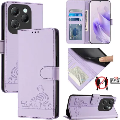 Obrázek produktu pro Kožené pouzdro pro Infinix Hot 40 / 40 Pro, sladká kočka Flip pouzdro s funkcí stojánku a peněženkou Fialová