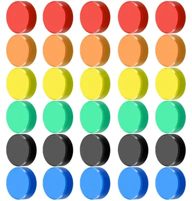 Image de 30 aimants de réfrigérateur différents, aimants décoratifs ronds pour tableaux blancs et tableaux magnétiques (6 couleurs)