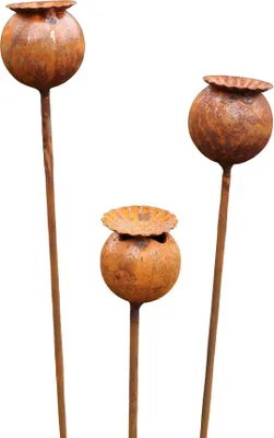 Produktbild von 3er Set Gartenstecker Rost Mohn - Edelrost Gartendeko Mohnkapsel Metall Rostdeko