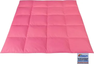 A pink down comforter is laid out flat on a white background. A small label is visible in the bottom right corner.