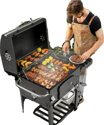 Produktbild von Holzkohlegrillwagen, Grillrost 57x42 cm, wärmeisolierender Grill 54x20 cm, verstellbare Belüftung 4, integriertes Thermometer, höhenverstellbare Holzkohleschale