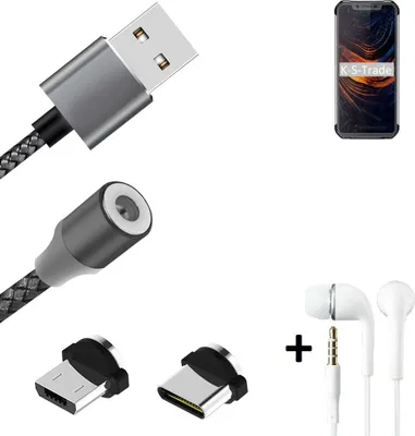 Produktbild von K-S-Trade® Hochwertiges Magnet-Lade-kabel Sync-Kabel Daten-Kabel + Kopfhörer kompatibel mit Blackview BV9600 Pro mit USB-Typ-C-Anschluss und