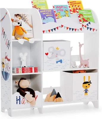 Produktbild von Kinderzimmerregal aus Holz, Spielzeug-Organizer mit 5 Ablagefächern und 2 abnehmbaren Stoffboxen, Bücherregal für Kinder (Tier-Muster)