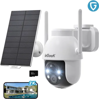 A white security camera with a solar panel and a smartphone displaying a live feed.