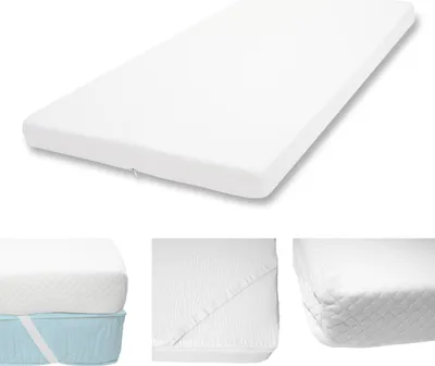 A collage of three images showing different mattress toppers and mattress protectors.