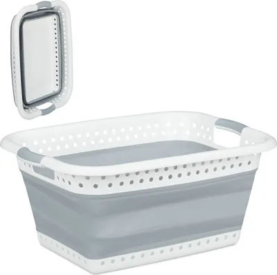 Produktbild von Relaxdays Faltbarer Wäschekorb, Griffe, Kunststoff & Silikon, platzsparende Wäschewanne, stabil, HBT 27x61x45,5 cm, grau