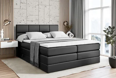 Produktbild von ALTDECOR Boxspringbett mit 2 Matratzen und Topper - 180x200 cm - ARDENI KING - Schwarz Kunstleder - Polsterbett mit, H3- und H4- Matratzen, Bettkasten und Lattenrost, Bett mit Stauraum