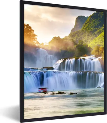 Produktbild von MuchoWow® Gerahmtes Poster Wasserfall - Pflanzen - Sonne - Wasser - Natur 60x80 cm - Poster mit Schwarzem Bilderrahmen Wandposter Rahmen Foto Bilder - Premium - Wanddeko Wohnzimmer