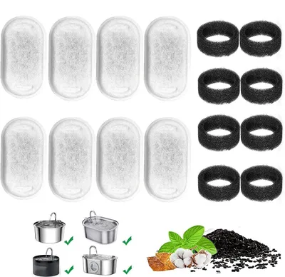 Image de Filtres de remplacement pour fontaines à eau pour animaux de compagnie, 16 pièces, en mousse et à charbon actif, pour fontaines en acier inoxydable
