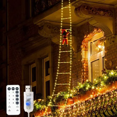 Obrázek produktu pro 3M/10ft LED Santa žebřík pohádkové světla s dálkovým ovládáním a 8 světelných funkcí pro vnitřní venkovní balkon vánoční strom dekorace