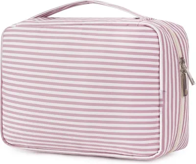 Produktbild von PolkaHome® Reise-Hänge-Toilettasche Make-up Kosmetik-Organizer für Frauen, Mädchen und Kinder – Wasserdicht mit 10 Fächern, Rosa Streifen