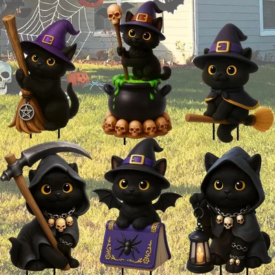 Immagine prodotto di Omgoods - Set di decorazioni per giardino a tema Halloween con 6 figure di gatti neri