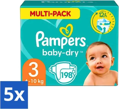 Image de Couches Pampers Baby-Dry – taille 3 (6–10 kg) – 198 couches – pack économique – 5 pièces