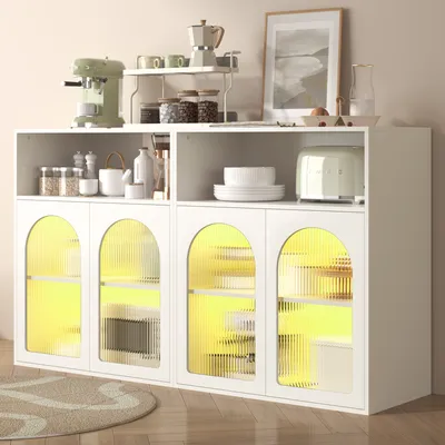 Immagine prodotto di MODFU Set di due mobili da cucina con ante a vetri e illuminazione a LED, Credenza per soggiorno, Bianco