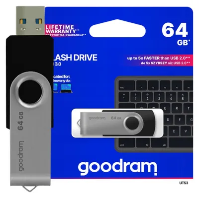 Produktbild von Goodram UTS3, 64 GB, USB Typ-A, 3.2 Gen 1 (3.1 Gen 1), 60 MB/s, Drehring, Schwarz