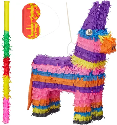 Image de Lot de 3 pièces : piñata en forme d'âne, avec bâton et masque, pour enfants, anniversaire, à remplir soi-même, piñata en forme d'âne, colorée