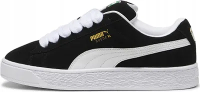 A side view of a black Puma Suede XL sneaker with white accents and laces.
