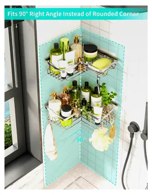 Produktbild von Duschablage Ecke Duschregal ohne Bohren mit 11 Haken, Seifenschale und Rasiererhalter, rostfrei, Badregal für Badezimmer, Küche und Dusche, 6 selbstklebend