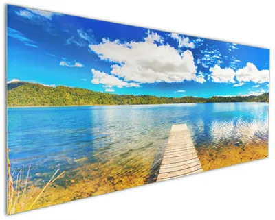 Produktbild von Wallario Küchenrückwand aus Glas, Größe: 125 x 50 cm, Motiv: Klarer See mit Steg - Blauer Himmel | Spritzschutz | abwischbar | pflegeleicht | in