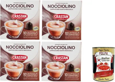 Produktbild von CRASTAN 1870, Nocciolino, 10 Kapseln, 4 Schachteln mit 10 Kapseln Getränk mit Haselnussgeschmack, Kapseln kompatibel zum Süßen nach Belieben,+ Italian Gourmet polpa 400g