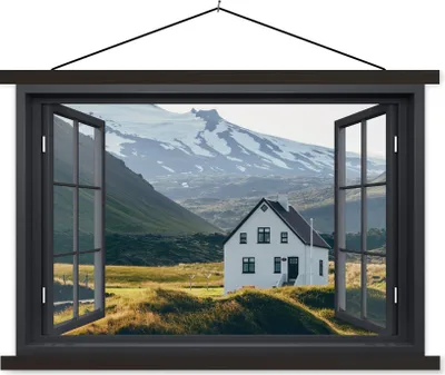 Produktbild von MuchoWow® Textilposter Aussicht - Haus - Berg 90x60 cm mit schwarzem Rahmen - Aufhängungssatz