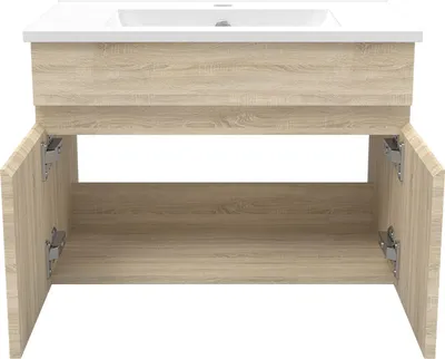 Produktbild von Waschtisch mit Unterschrank 60cm BERGEN Badmöbel Set Eiche Keramik Waschbecken mit Unterschrank MDF Softclose