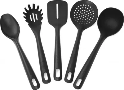 Image de Set d'ustensiles de cuisine noir – 5 pièces, cuillère, spatule, style loft noir