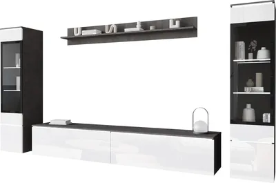 Produktbild von MIRJAN24 Wohnwand Vera II, Stilvoll Wohnzimmer-Set, TV-Schrank, Modern Mediawand (Farbe: Matera / Weiß Hochglanz, mit Beleuchtung)