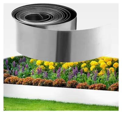 Produktbild von Metall Rasenkante Beeteinfassung, 10 m, 15 cm hoch, Cortenstahl - Einfache Montage - Robustes Design für Beeteinfassung, Mähkante, Gartenbeet, Silber