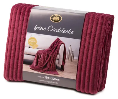 Produktbild von GÖZZE Feine Corddecke leichte flauschige Wohndecke in Cordoptik Beere Rot 150 x 200 cm