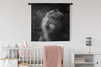 Produktbild von MuchoWow® Wandteppich Wandbehang Schmetterling - Affe - Natur - Schwarz - Weiß 90x90 cm Tapisserie Dekoration Wandtuch - Wandaufhänger