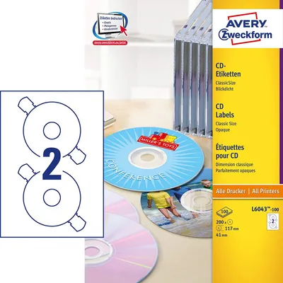Obrázek produktu pro Avery Zweckform L6043-100 štítky na CD, Ø 117 mm, 100 listů/200 štítků, bílé