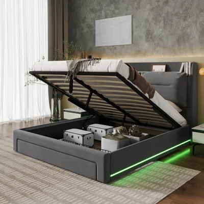Produktbild von STILVORA Polsterbett 140x190 mit Bettkasten,Stauraumbett Jugendbett mit LED-Lichtleisten&Schubladen,Bettgestell ohne Matratze,Samt,grau