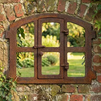 Produktbild von Eisenfenster mit Tür, antik-ländlich zum Öffnen, Stallfenster für Gartenmauer