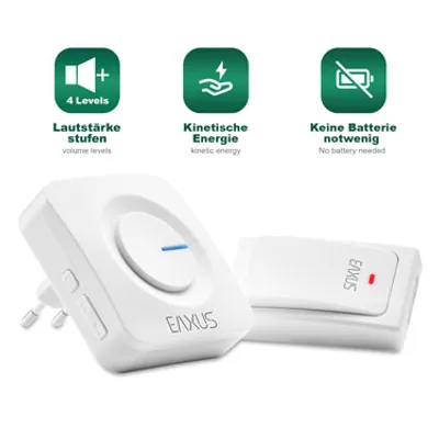 A white wireless doorbell set with informational icons above.