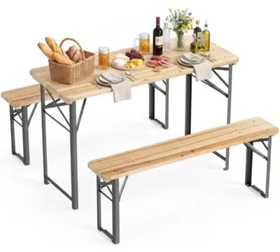 Image de Ensemble de table et de deux bancs pliables pour bière, modèle NP13167DK, dimensions : 118 cm, finition naturelle