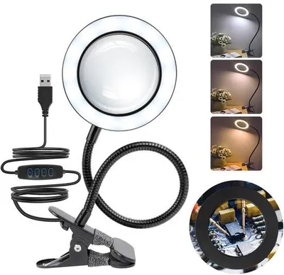 Produktbild von Unyqoos® Dimmbarer LED-Lupenleuchte mit 3-facher Vergrößerung, 360° Zwanenhals & Klemme – 30 Lichtmodi (10 Helligkeiten, 3 Farbtemperaturen), USB-Ladekabel