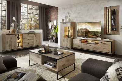 Produktbild von Wohnmöbel Set mit Beleuchtung braun RINGSTED-55 in Eiche 5-teilig mit Couchtisch