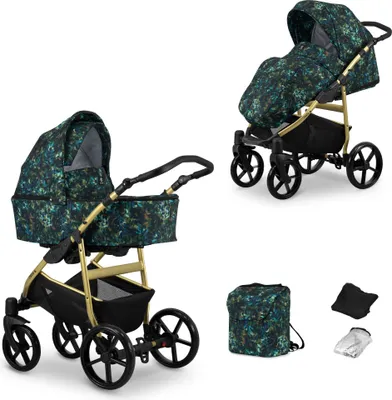 Produktbild von Kinderwagen MATA Sportwagen Babywagen Babyschale Komplettset Kinder Wagen Set 2 in 1 (blätter, Rahmenfarbe: Gold)