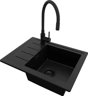 Produktbild von PRIMAGRAN Granitspüle Alles Schwarz 55x44cm, Spülbecken 1 Becken + Küchenarmatur 40x38cm + Ablauf-Set, Küchenspüle ab 45er Unterschrank - Kopenhagen Easy