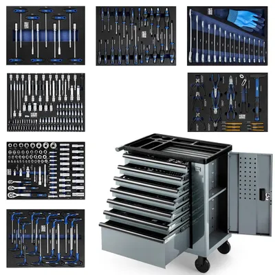 Immagine prodotto di Carrello completo di attrezzi professionale Hbm,set 262 pezzi con 7 cassetti 6 scomparti e ruote da officina Carbon premium Olanda