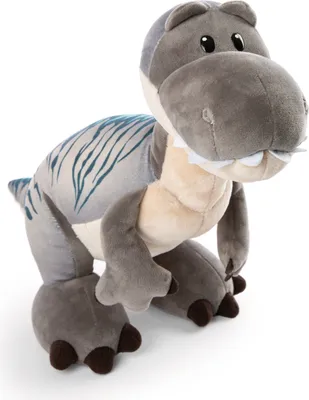 A plush toy dinosaur is shown against a white background.