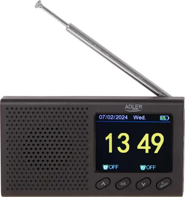 A black Adler FM travel radio with an extended antenna is shown against a white background.