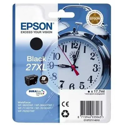 Obrázek produktu pro Epson Alarm clock Singlepack Black 27XL DURABrite Ultra Ink, Vysoká (XL) výtěžnost, Černá, Inkoust na pigmentové bázi, 17,7 ml, 1 kusů, 1100 str.