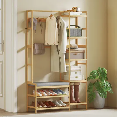 Produktbild von Garderobenständer 5-in-1 Bambus mit Sitzbank & Schuhregal, Kleiderständer, 10 Haken, 5 Regale, Naturholz | 104x33x175 cm | 10,5 kg