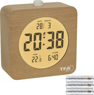 Produktbild von TFA 60.2049.05 Digitalwecker, Reisewecker, Weckalarm, Datum, Temperatur, massiv Buche, große digitale LCD-Anzeige : mit Batterien